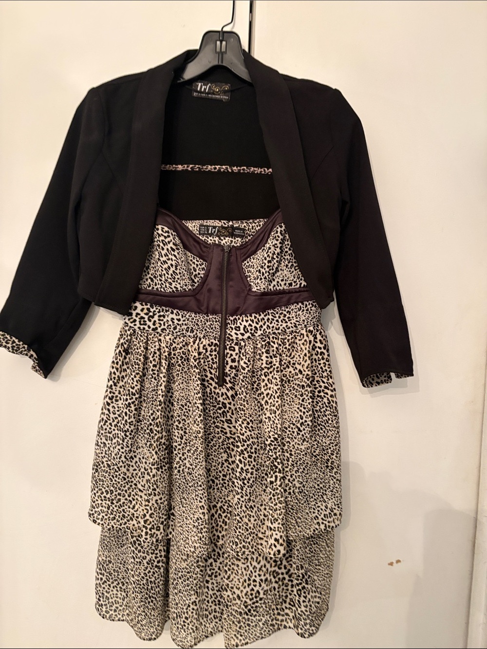 Zara Black Bolero with Cream and Black Leopard Midi Dress